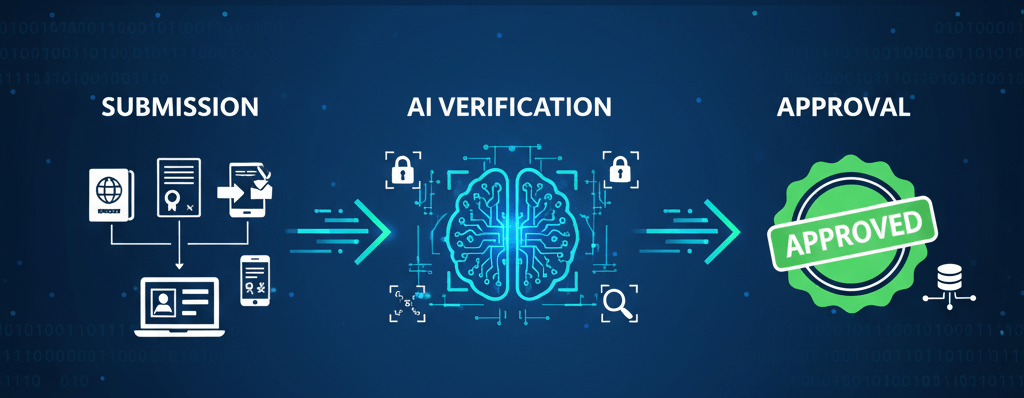 MoHRE's Eye AI system automated document verification process showing submission, AI analysis, and approval stages for UAE work permits