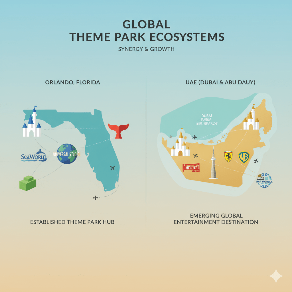 Comparison map showing Orlando's multi-park entertainment model applied to UAE, with Disney Abu Dhabi and Dubai entertainment venues creating a regional destination effect