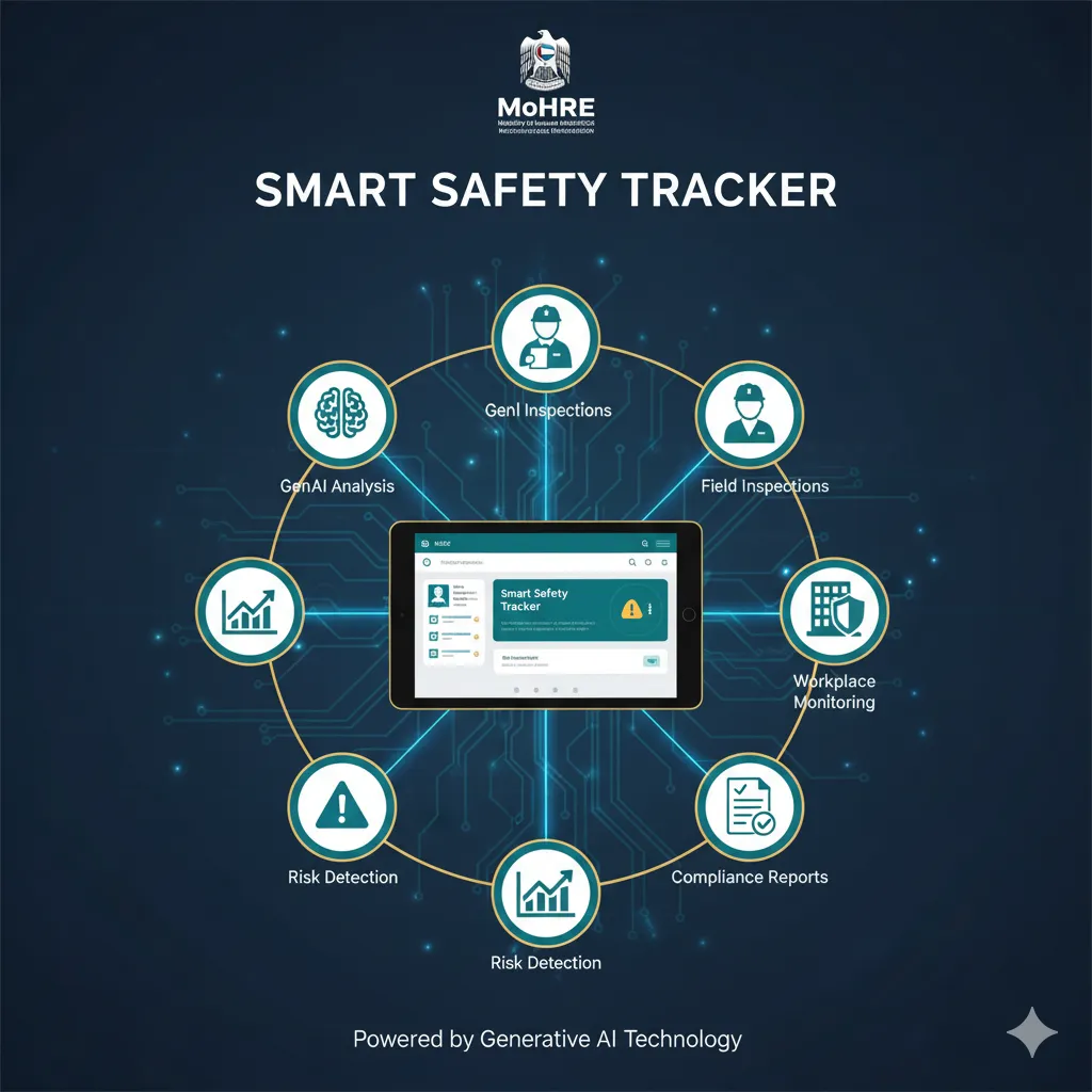 MoHRE Smart Safety Tracker system overview showing AI-powered features and inspection capabilities