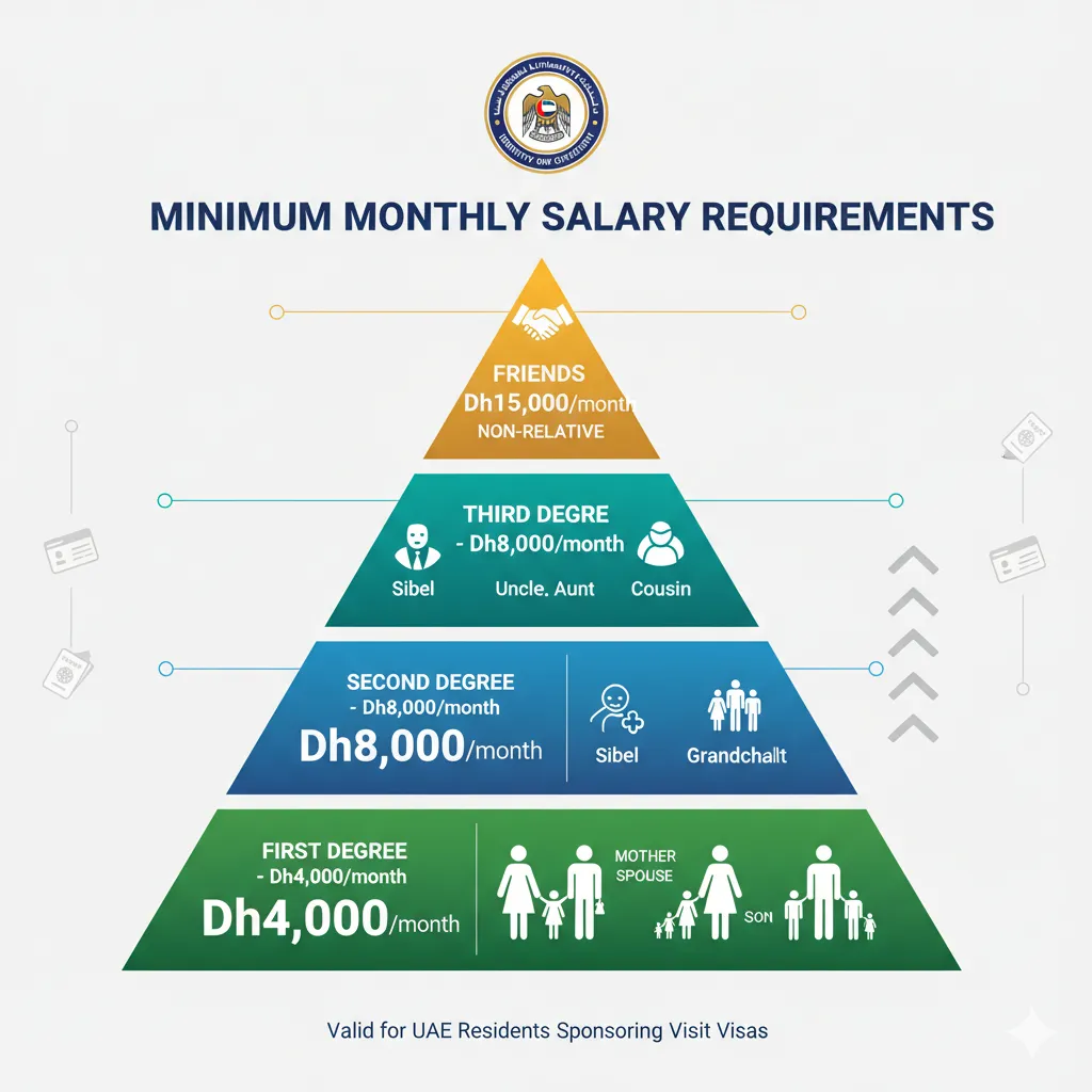 Pyramid diagram showing UAE visit visa salary requirements from Dh4,000 to Dh15,000 by relationship