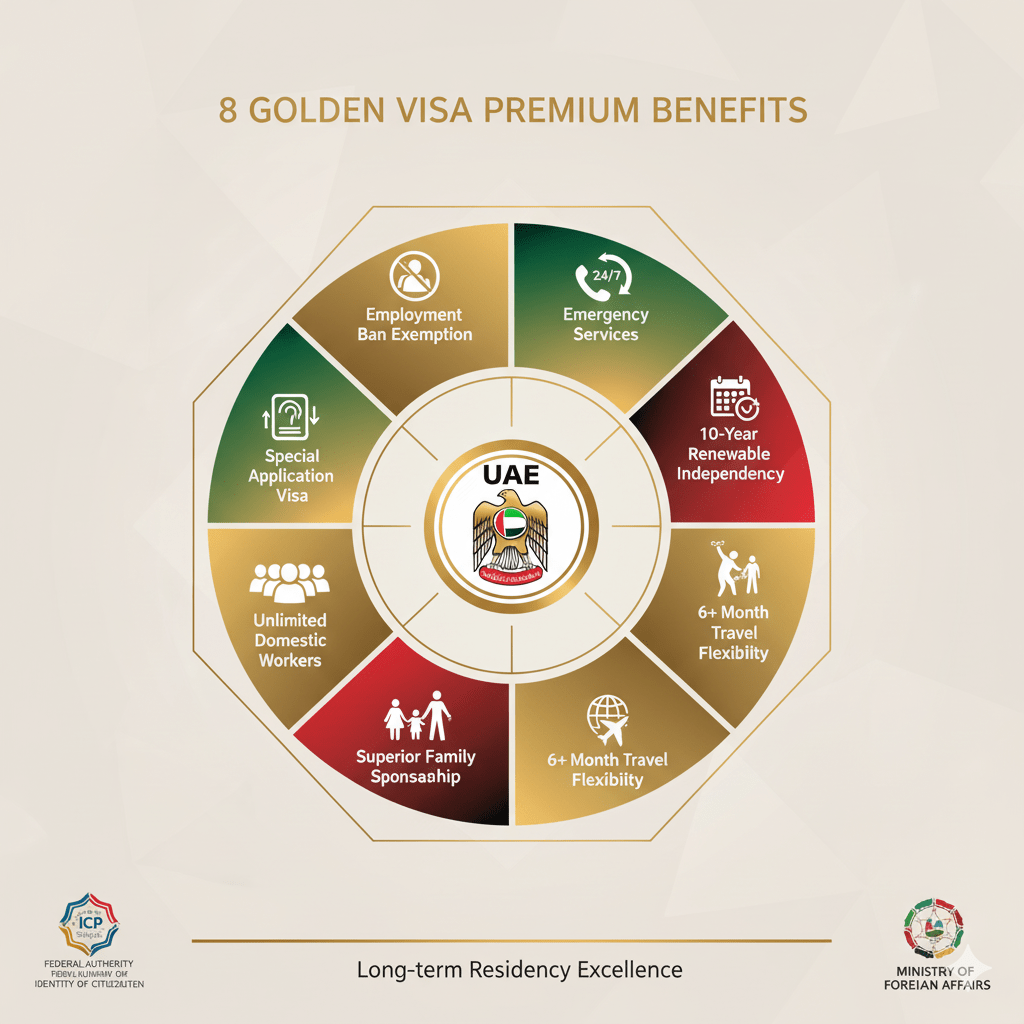 Complete overview of 8 UAE Golden Visa benefits from consular services to employment exemptions