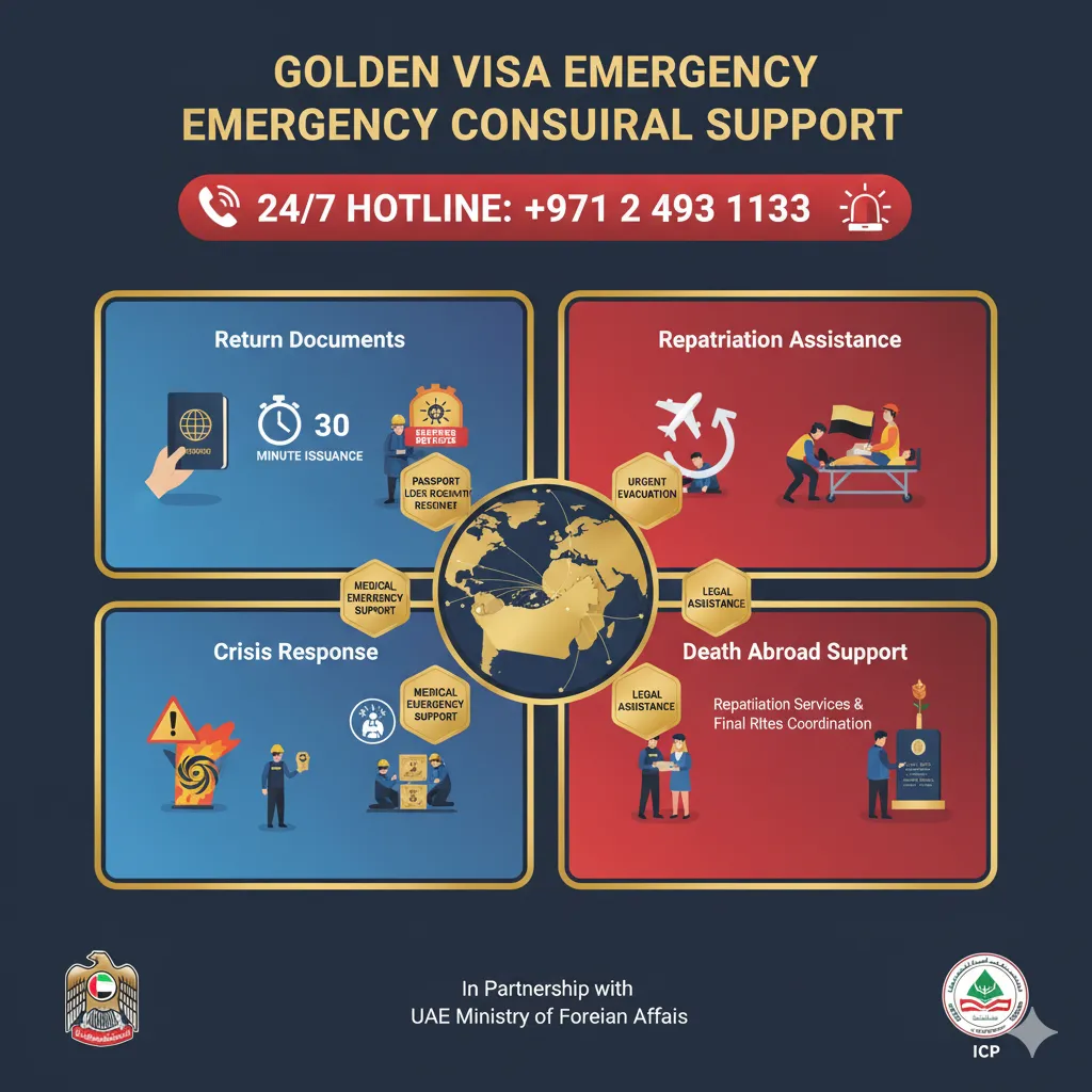 UAE Golden Visa emergency consular services dashboard showing 24/7 hotline and support features