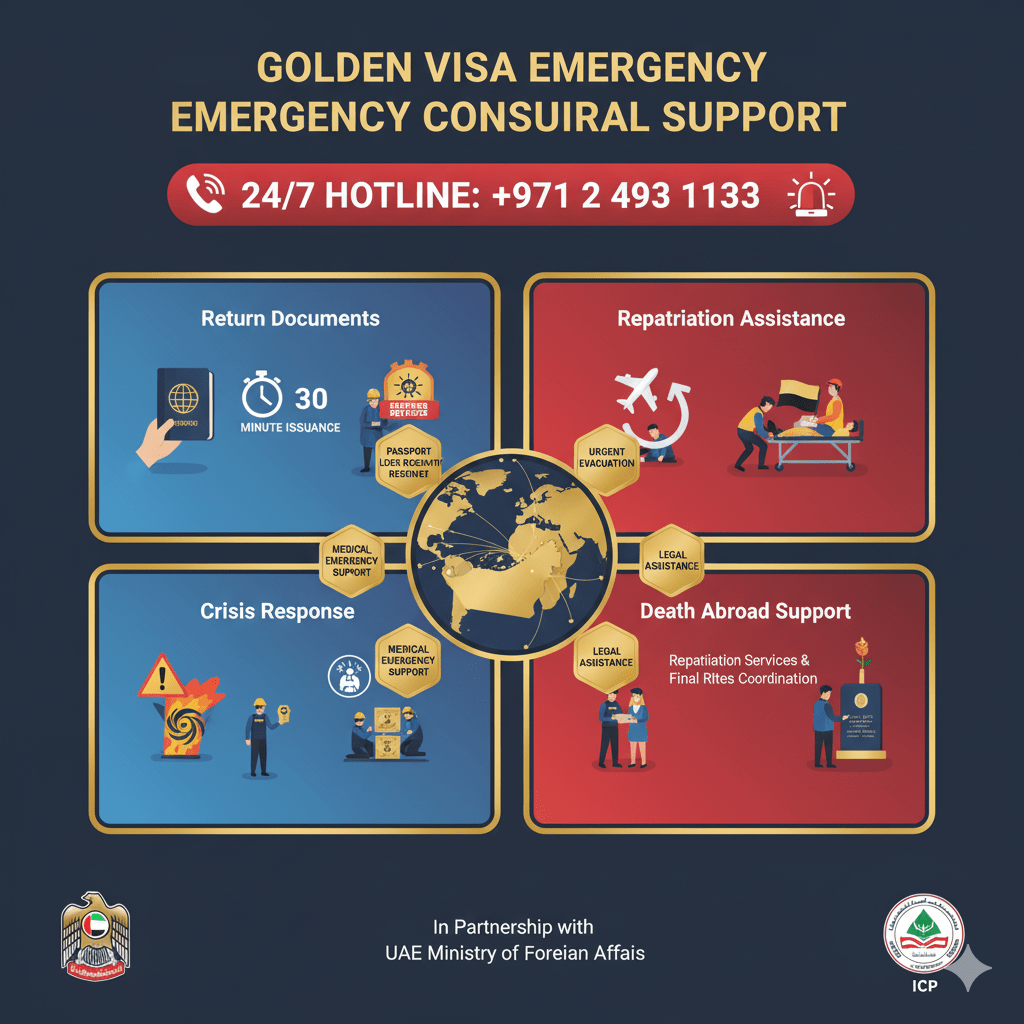 UAE Golden Visa emergency consular services dashboard showing 24/7 hotline and support features