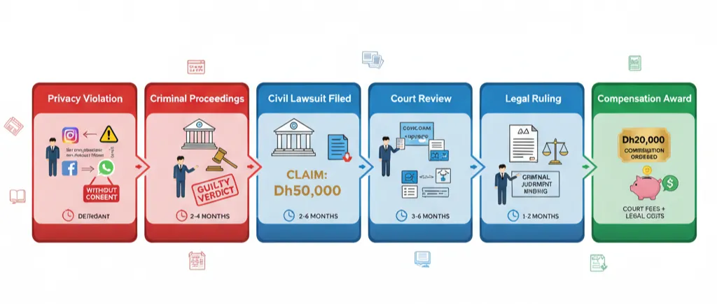 Case flow diagram showing progression from privacy violation to Dh20,000 compensation award