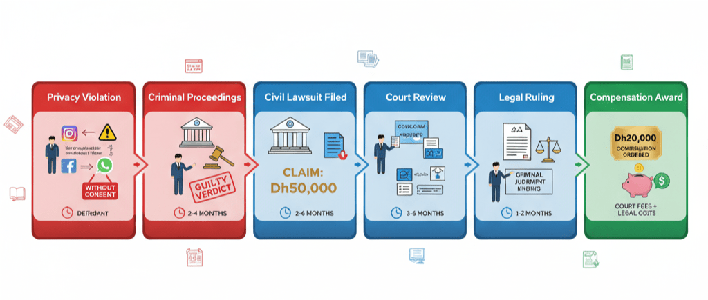 Case flow diagram showing progression from privacy violation to Dh20,000 compensation award