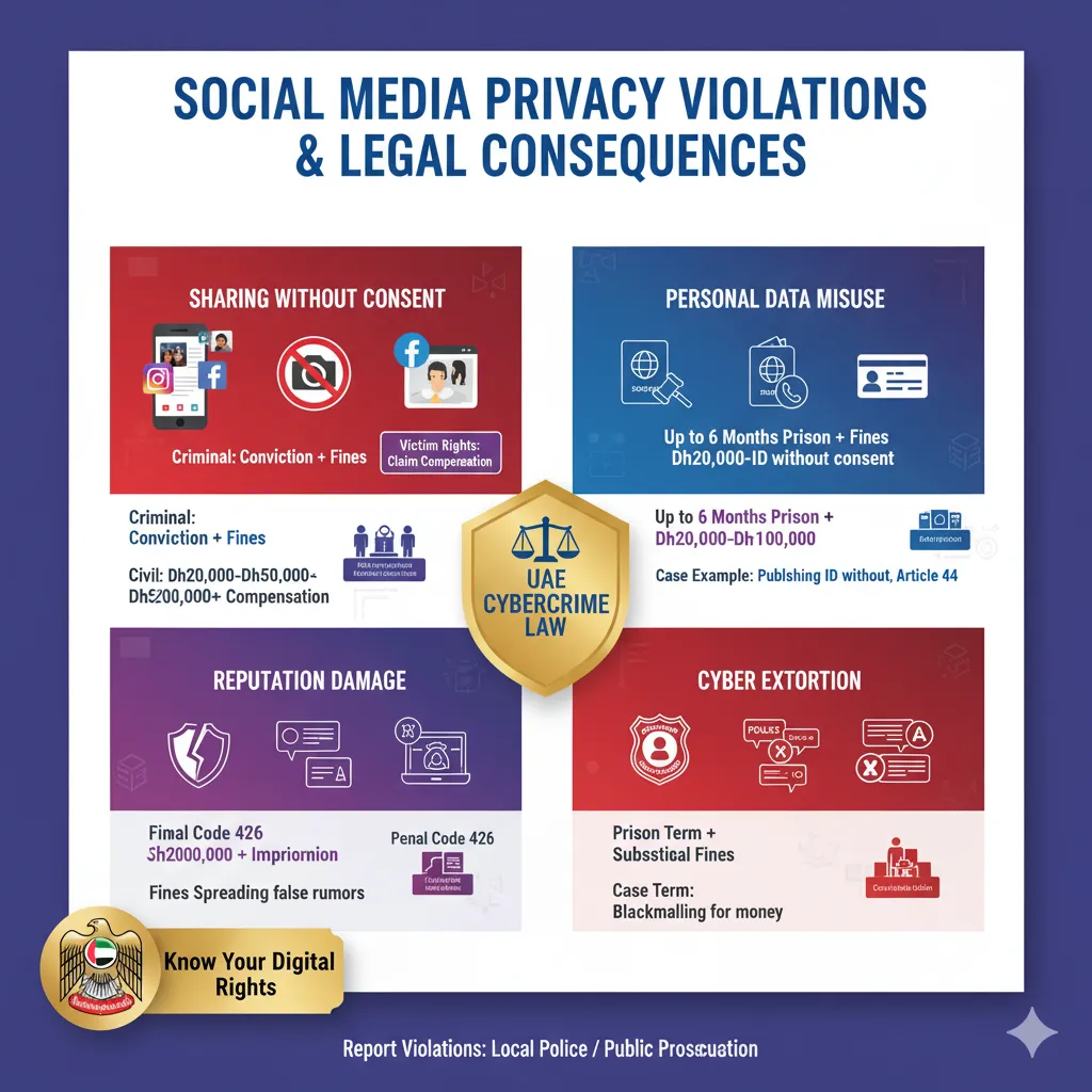 Matrix showing UAE privacy violation types and their criminal and civil penalties