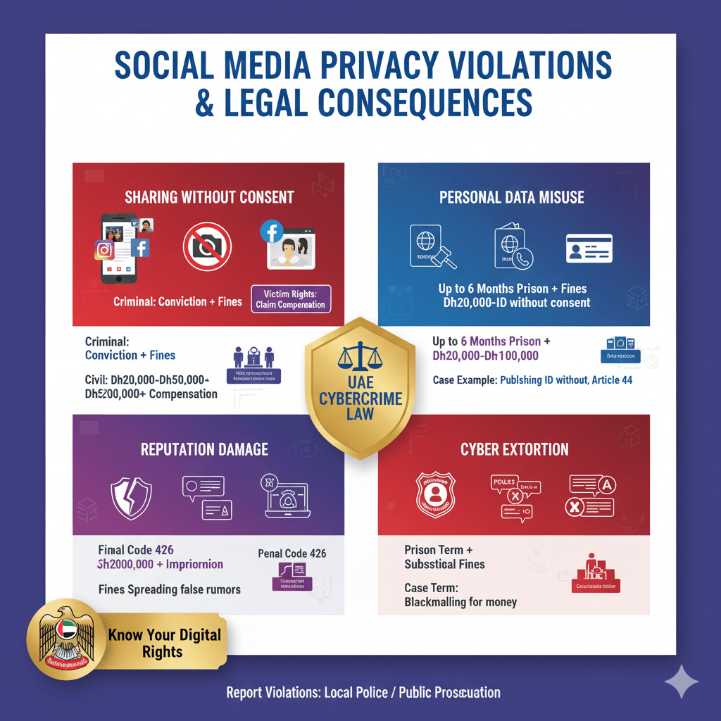 Matrix showing UAE privacy violation types and their criminal and civil penalties