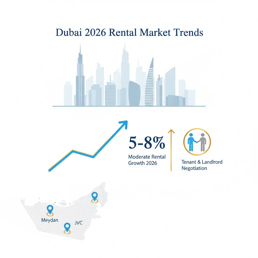 Infographic showing Dubai rental market trends for 2026 with moderate rent increases and negotiation opportunities