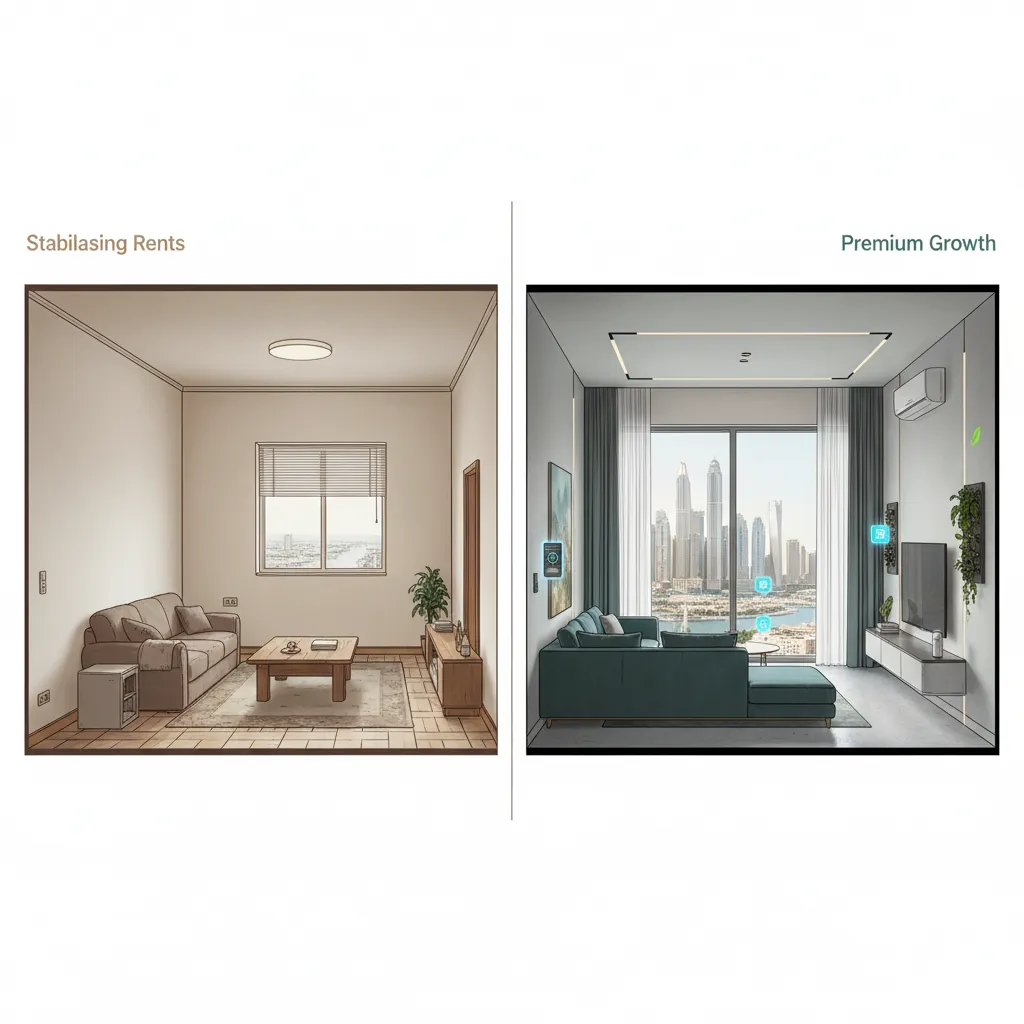 Comparison of older stabilising properties versus newer premium properties in Dubai rental market