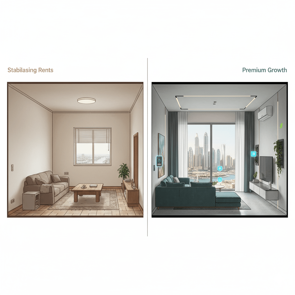 Comparison of older stabilising properties versus newer premium properties in Dubai rental market