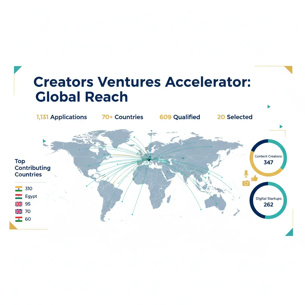 Global applications infographic showing 1,131 creators from 70 countries applying to UAE Creators Ventures Accelerator