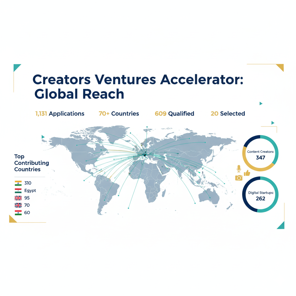 Global applications infographic showing 1,131 creators from 70 countries applying to UAE Creators Ventures Accelerator