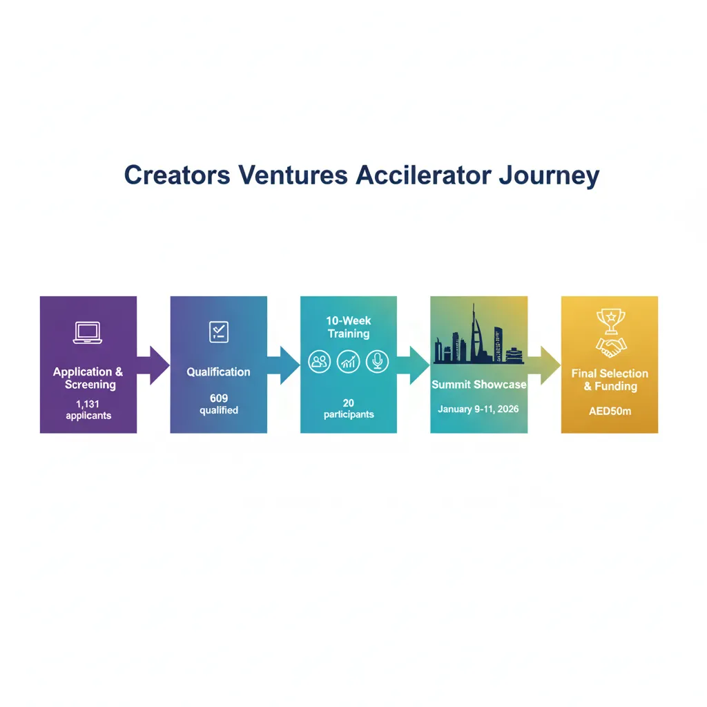 Timeline showing the 10-week Creators Ventures Accelerator programme journey to AED50m funding opportunity