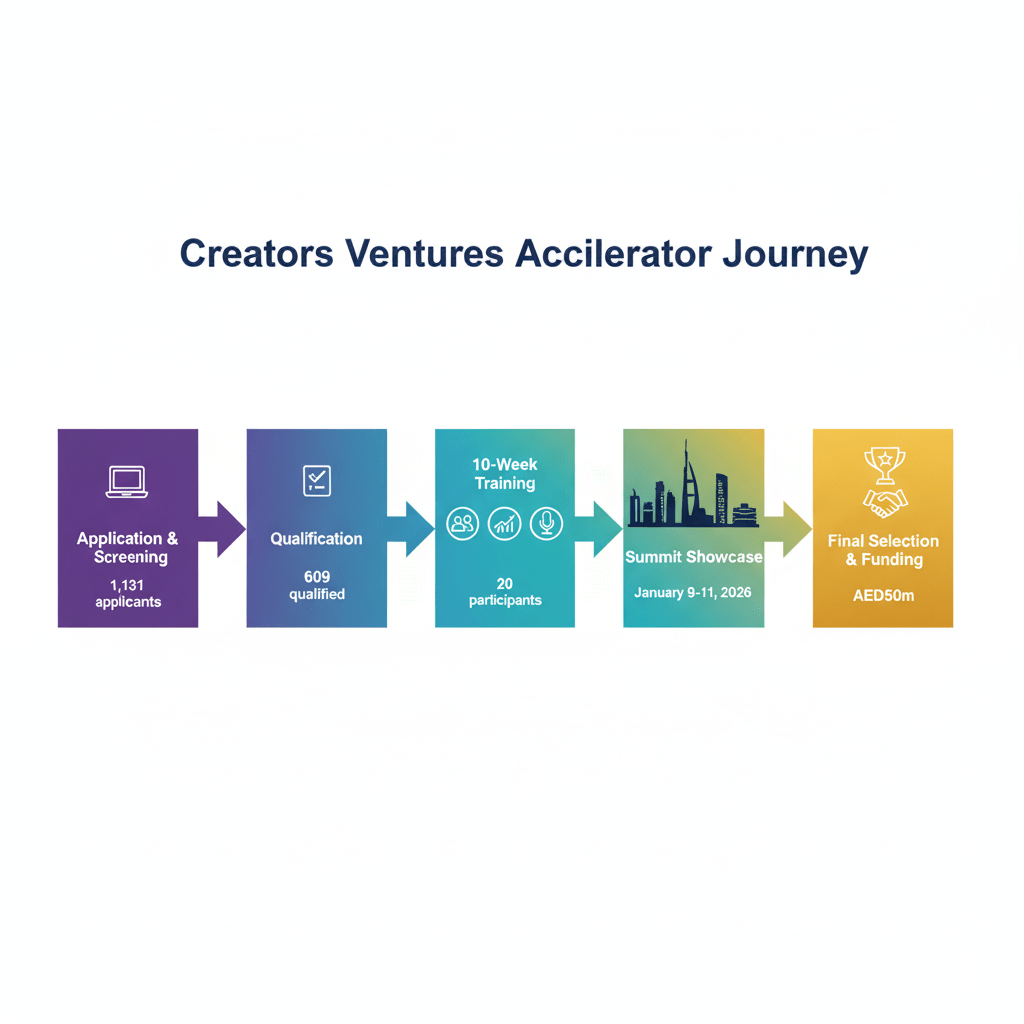 Timeline showing the 10-week Creators Ventures Accelerator programme journey to AED50m funding opportunity