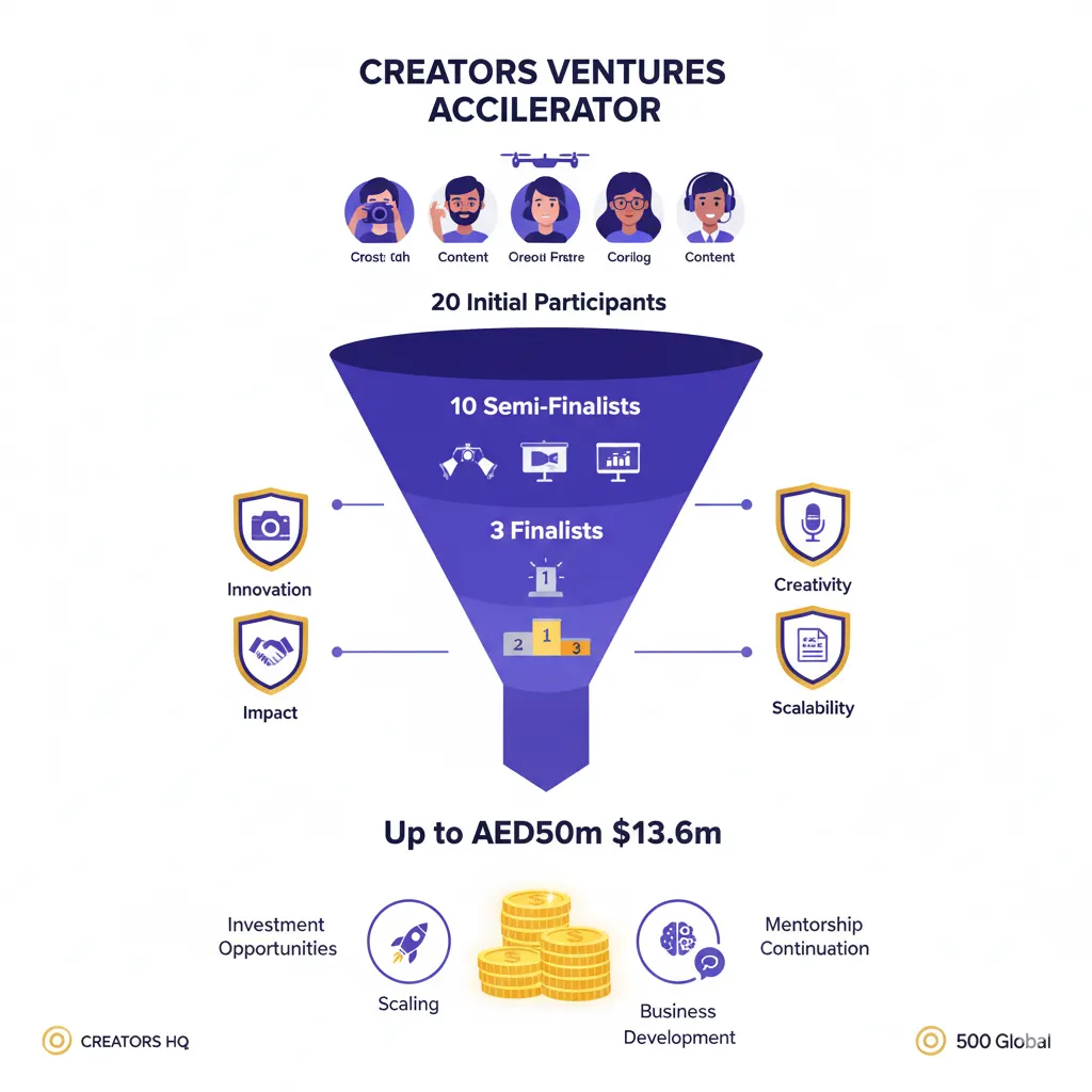 Funding breakdown showing selection process from 20 participants to 3 finalists receiving AED50m investment