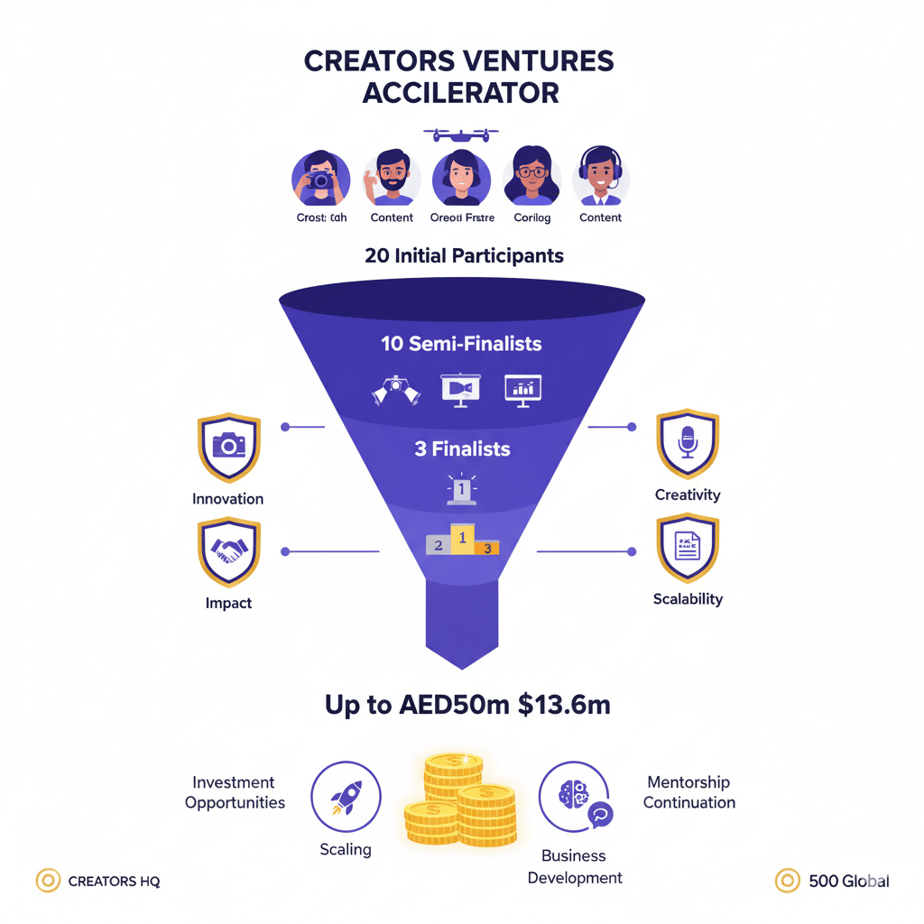 Funding breakdown showing selection process from 20 participants to 3 finalists receiving AED50m investment