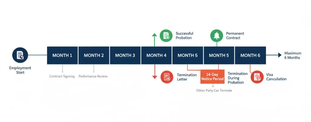 Timeline showing UAE six-month probation period with 14-day notice termination requirements