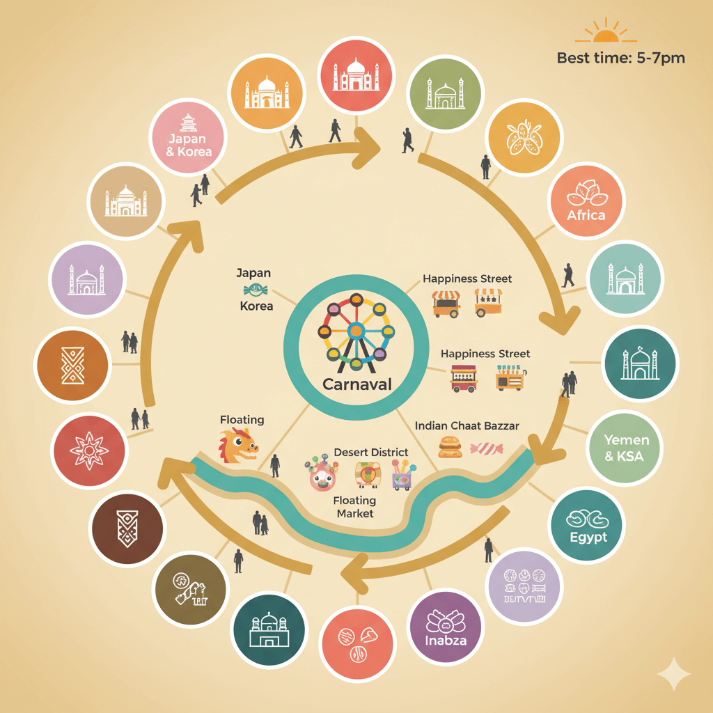 Illustrated map of Global Village Season 30 Dubai showing 27 pavilions, food zones, and recommended counter-clockwise route