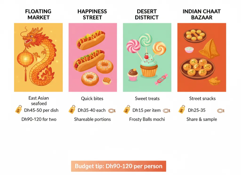 Price comparison chart of Global Village Season 30 food zones showing Floating Market, Happiness Street, Desert District, and Indian Chaat Bazaar