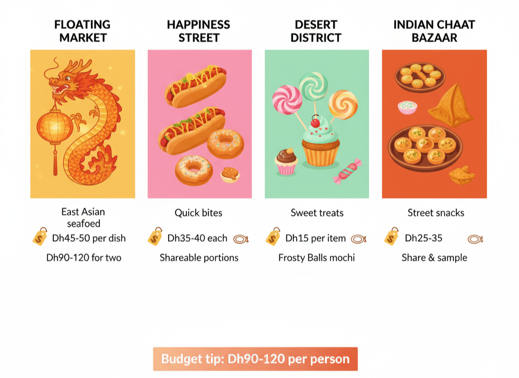 Price comparison chart of Global Village Season 30 food zones showing Floating Market, Happiness Street, Desert District, and Indian Chaat Bazaar