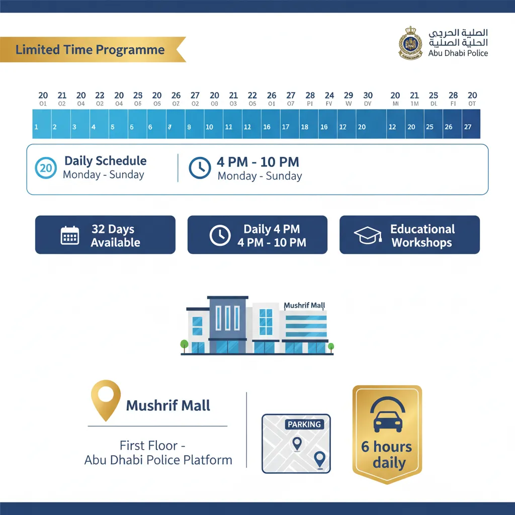 Programme schedule showing October 20-November 20, 2025 dates with 4pm-10pm timing at Mushrif Mall location