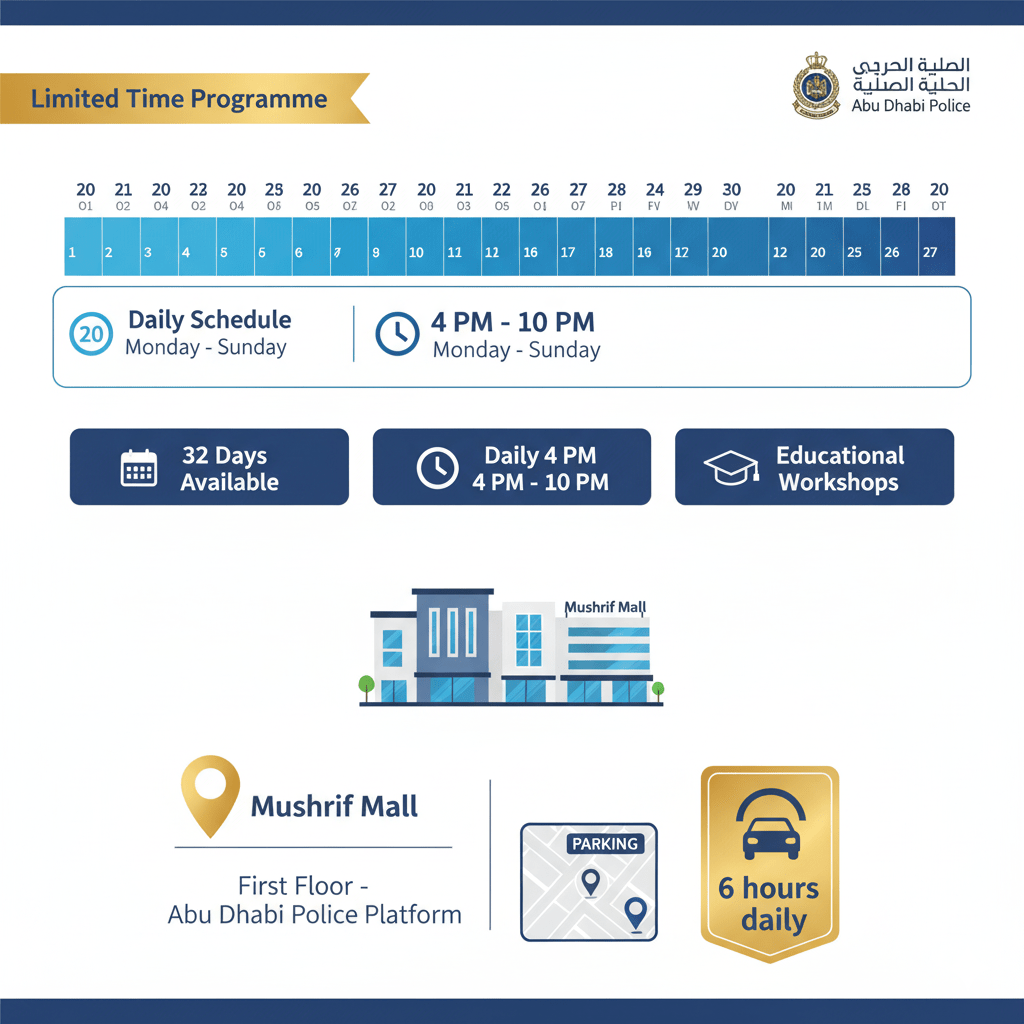 Programme schedule showing October 20-November 20, 2025 dates with 4pm-10pm timing at Mushrif Mall location