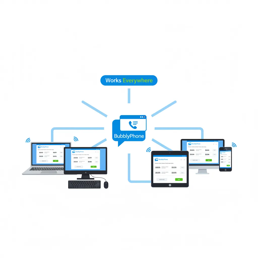 BubblyPhone works across all devices - laptop, desktop, tablet, and smartphone browsers for flexible international calling