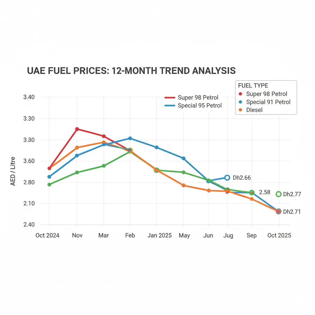 UAE fuel price trends chart showing 12-month price movements for Super 98, Special 95, E-Plus 91 petrol and diesel from October 2024 to October 2025