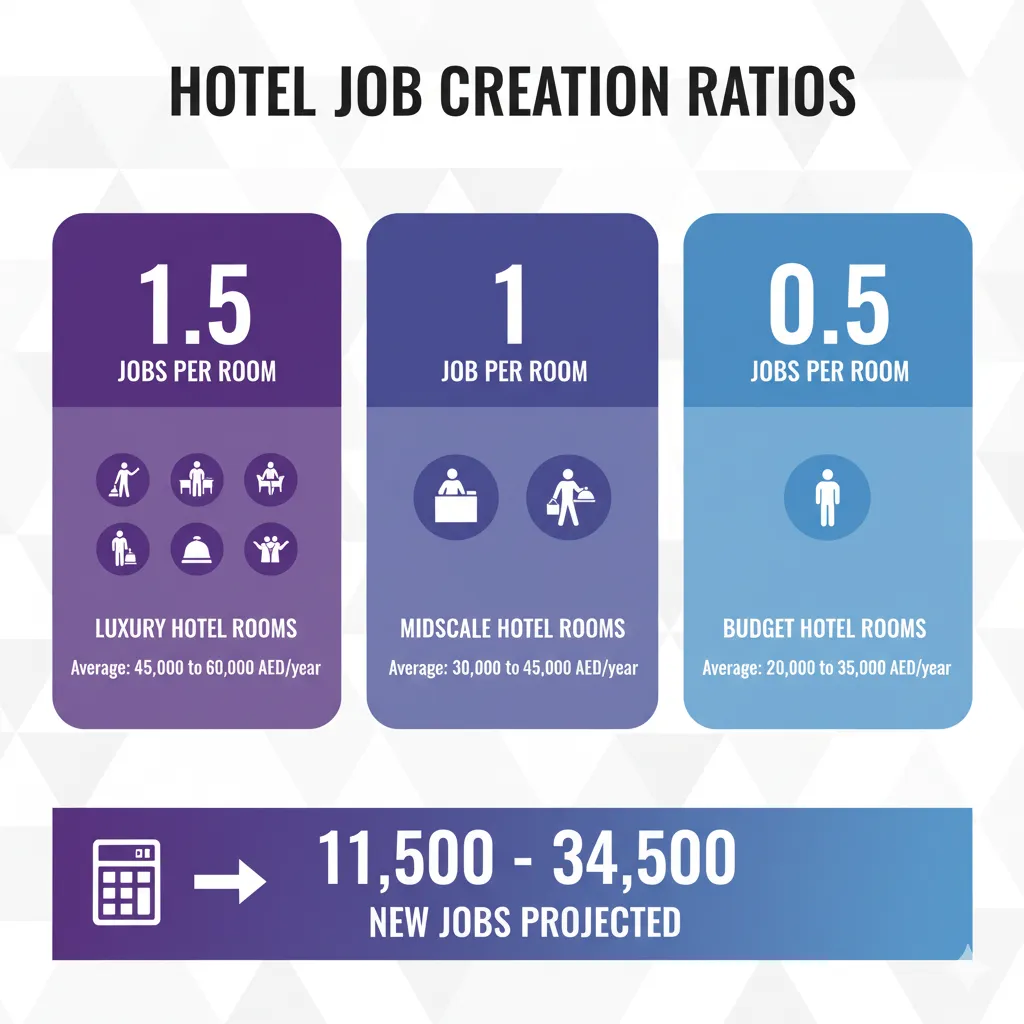 Hotel job creation rates in UAE showing 1.5 jobs per luxury room and projected 11,500-34,500 total positions
