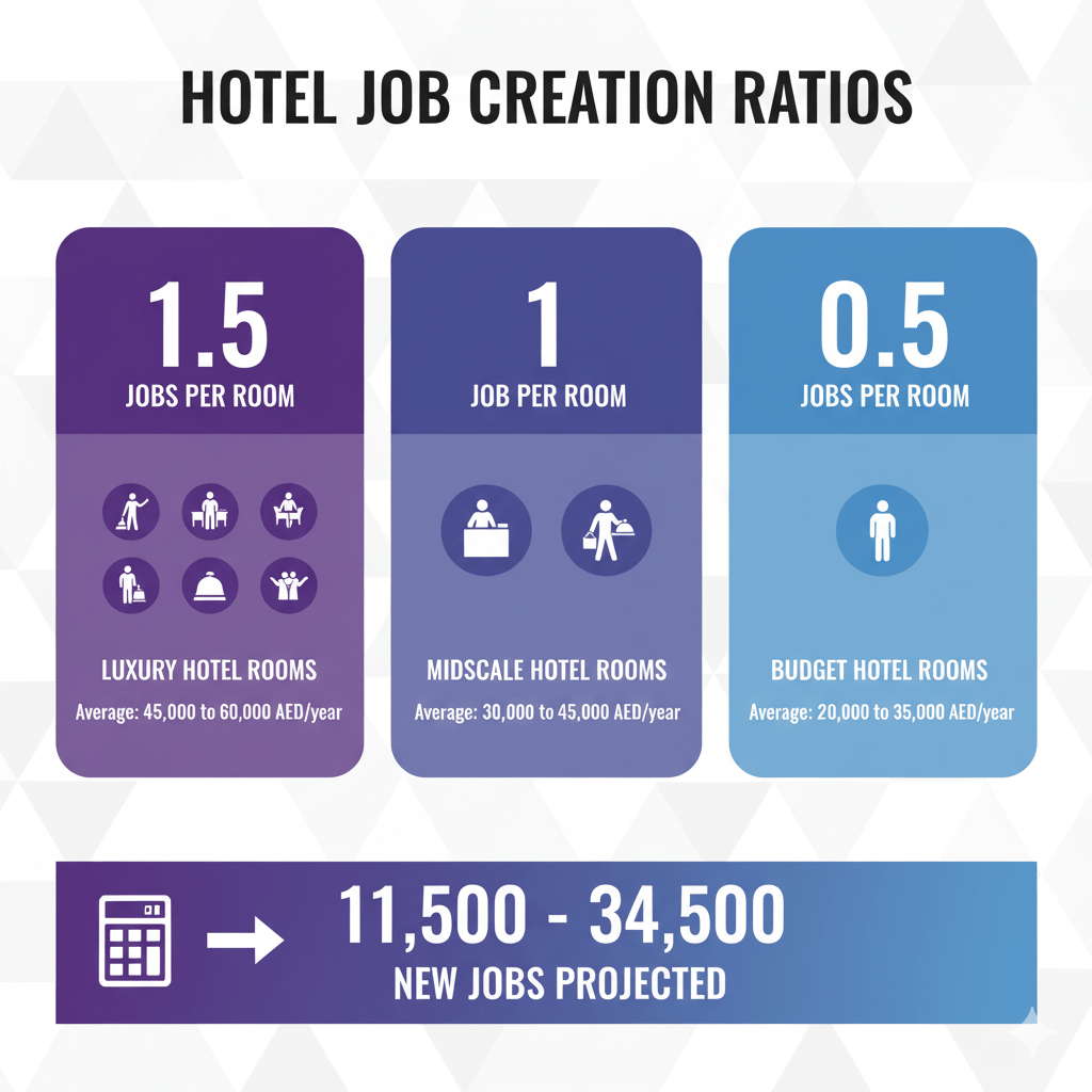Hotel job creation rates in UAE showing 1.5 jobs per luxury room and projected 11,500-34,500 total positions