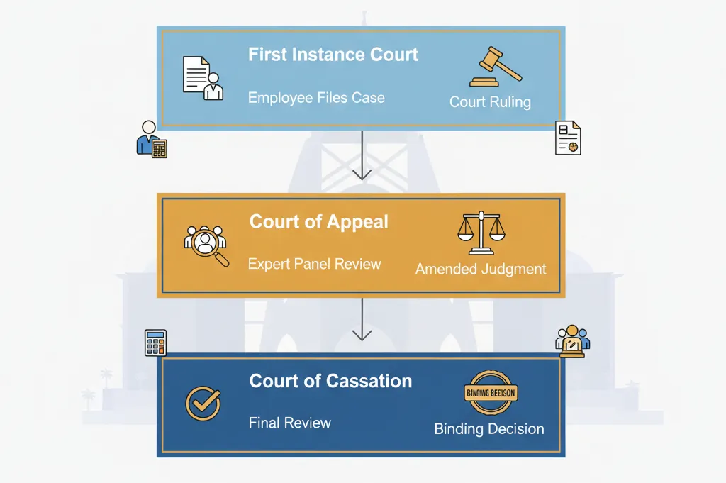 UAE labour court process flowchart showing three-stage appeal system from First Instance to Court of Cassation in Abu Dhabi employment disputes