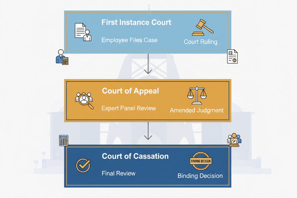 UAE labour court process flowchart showing three-stage appeal system from First Instance to Court of Cassation in Abu Dhabi employment disputes
