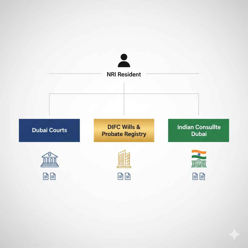 Three will registration options for NRIs in Dubai - Dubai Courts, DIFC Registry, and Indian Consulate pathways infographic