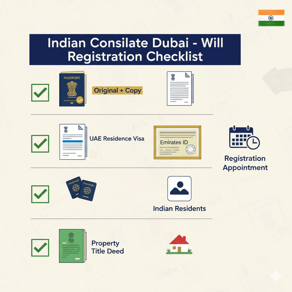 Complete document checklist for registering will at Indian Consulate in Dubai including passport, visa, Emirates ID and witness requirements