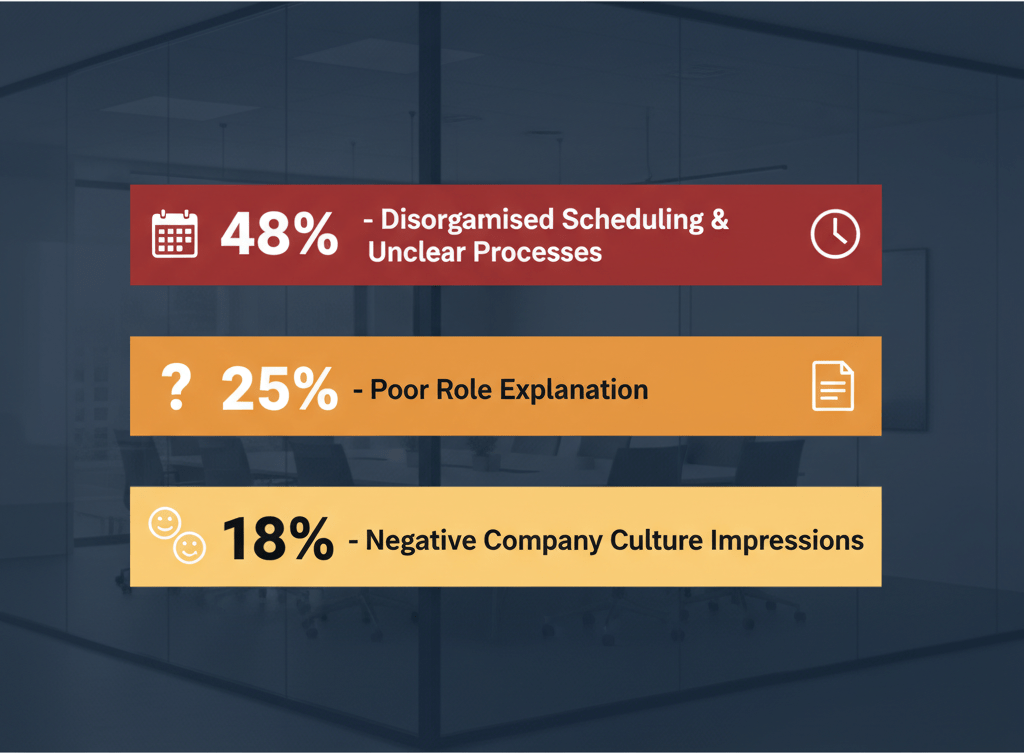 Infographic showing three main interview red flags: 48% cite disorganised scheduling, 25% poor role explanation, and 18% negative culture impressions