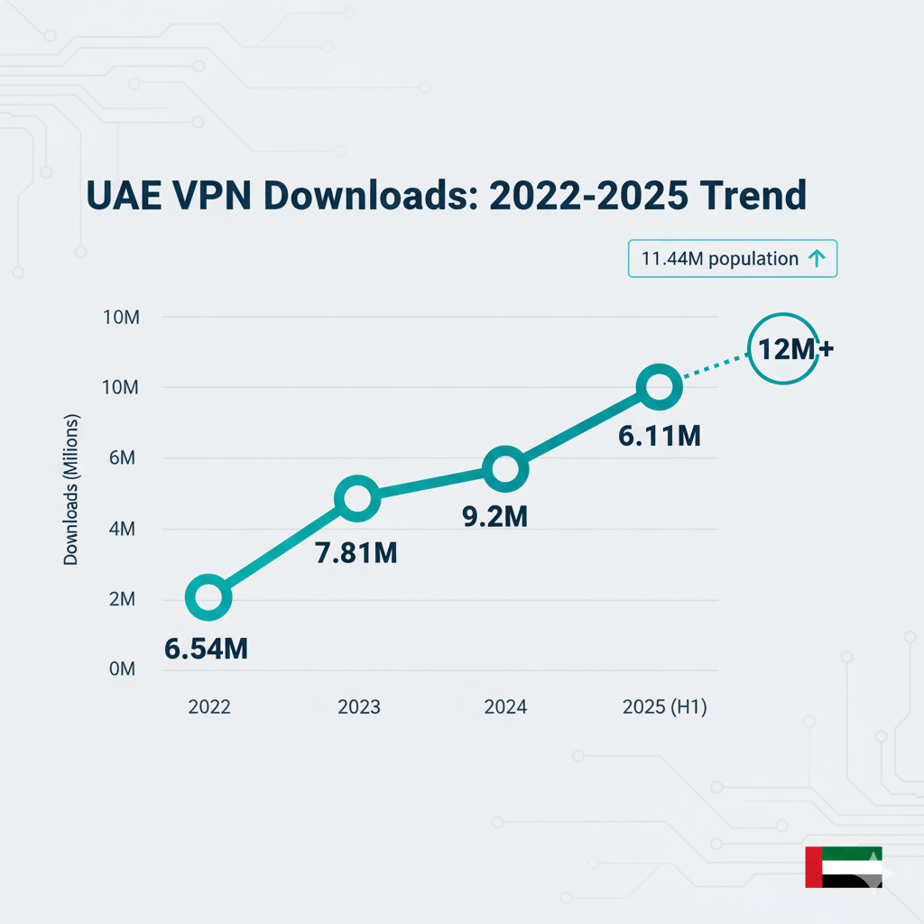 Line graph showing UAE VPN downloads rising from 6.54M in 2022 to 9.2M in 2024, with 6.11M in first half of 2025