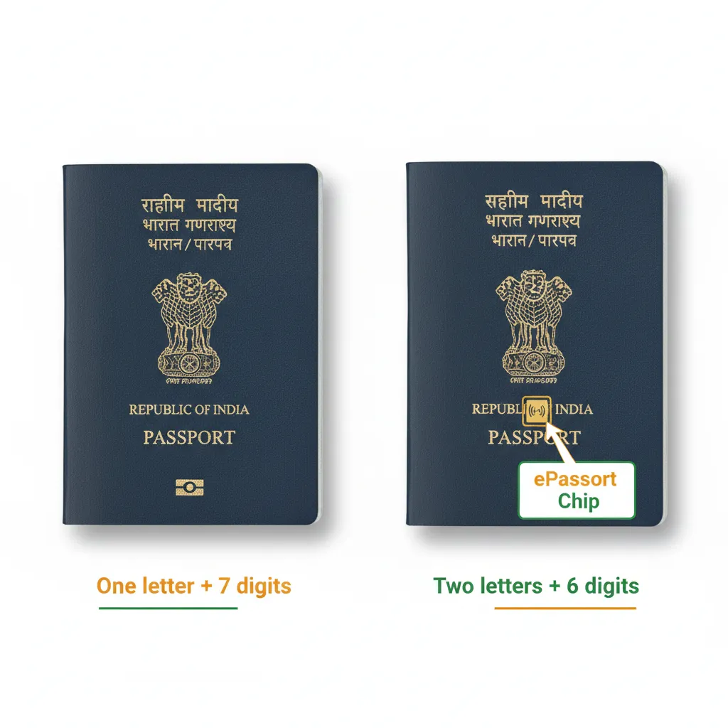 Comparison between Indian regular passport and new ePassport showing chip symbol and numbering format differences