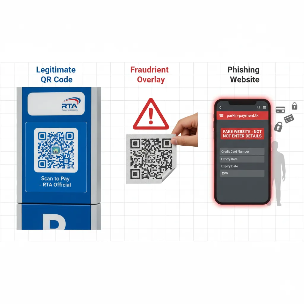 Illustration showing three stages of QR code phishing attack from legitimate code to fake sticker to fraudulent payment page