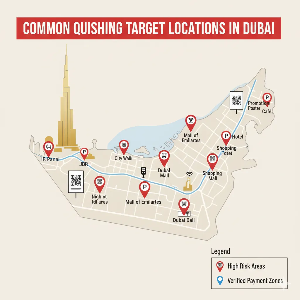 Map of Dubai showing high-risk locations for QR code phishing scams including parking areas, cafés, and tourist zones
