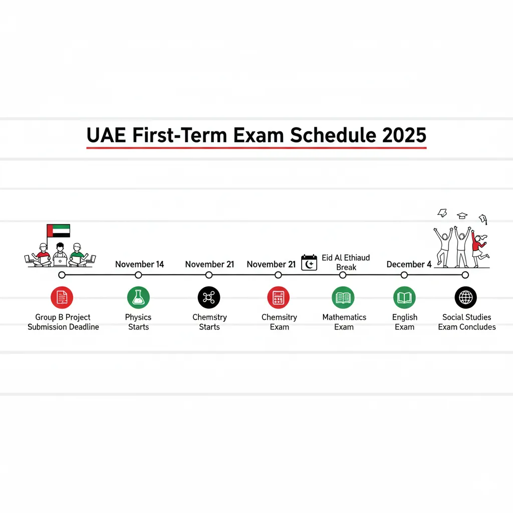 Timeline showing UAE first-term exam schedule from November 20 to December 4 2025 with subject icons and key dates
