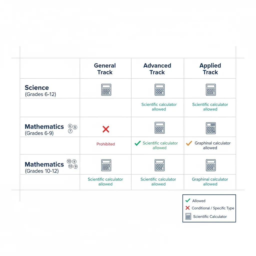 Chart comparing calculator rules for UAE exams across different educational tracks and grade levels