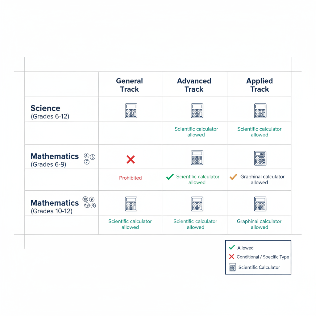 Chart comparing calculator rules for UAE exams across different educational tracks and grade levels