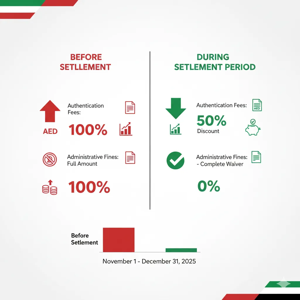 Comparison of Sharjah lease authentication costs before and during settlement period showing 50% fee reduction and complete fine waiver