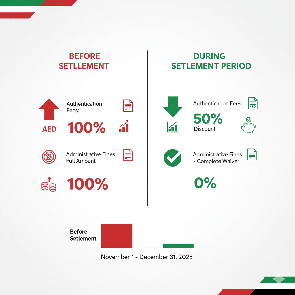 Comparison of Sharjah lease authentication costs before and during settlement period showing 50% fee reduction and complete fine waiver