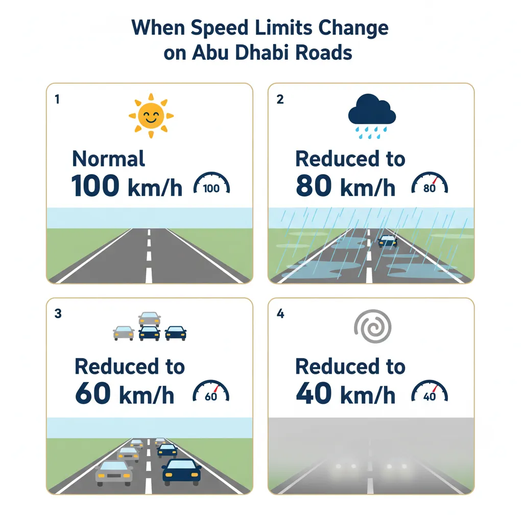 Infographic showing when Abu Dhabi's variable speed limits change based on weather and traffic conditions