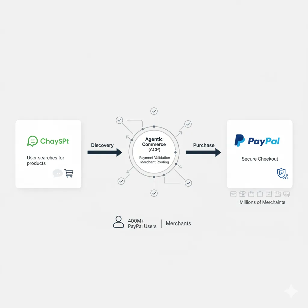 Diagram illustrating Agentic Commerce Protocol connecting ChatGPT users with PayPal merchant network