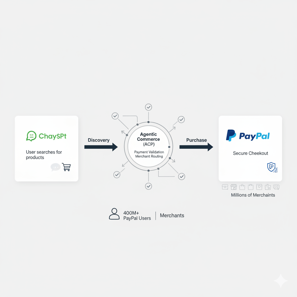 Diagram illustrating Agentic Commerce Protocol connecting ChatGPT users with PayPal merchant network