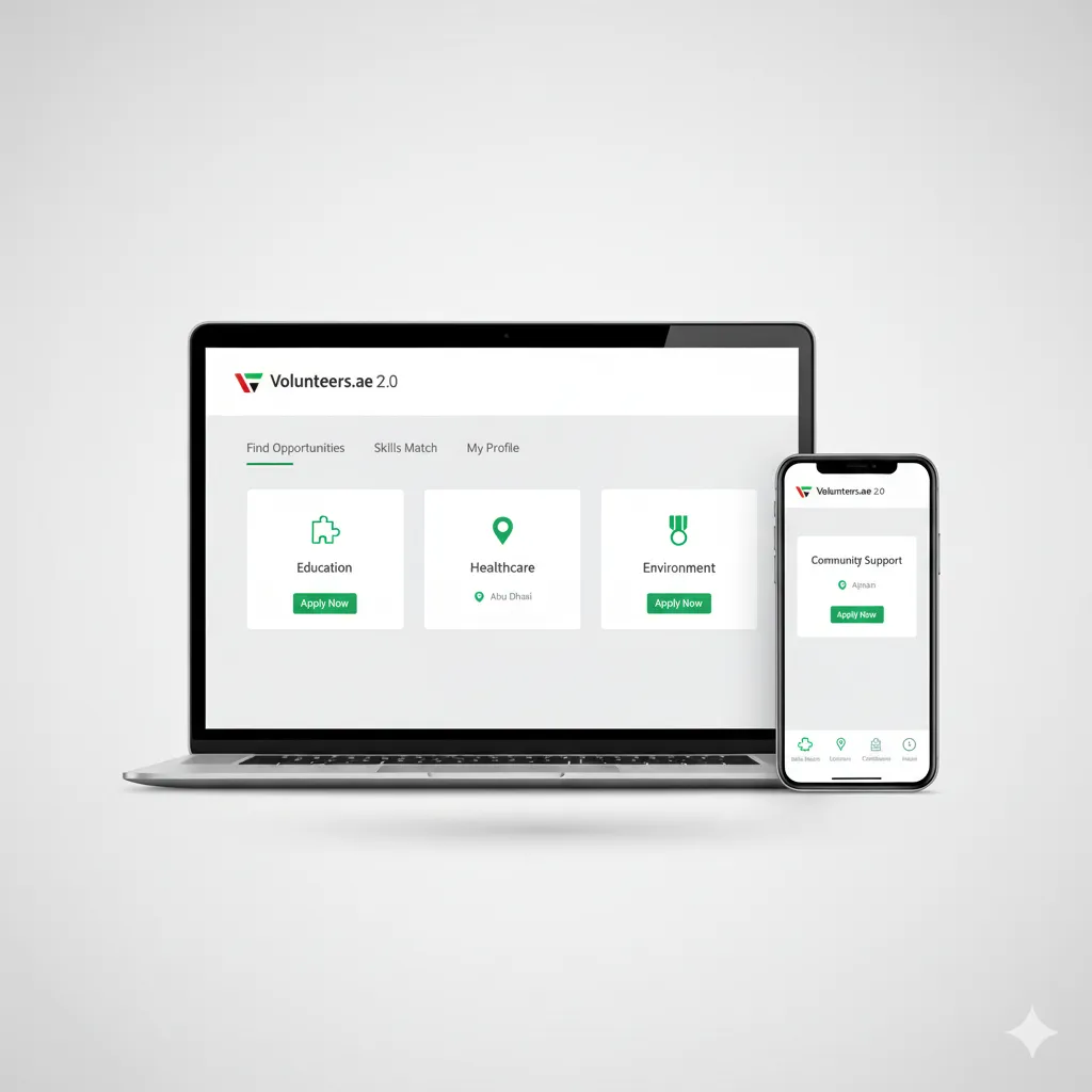 Volunteers.ae 2.0 platform interface showing digital hub connecting volunteers with opportunities across UAE