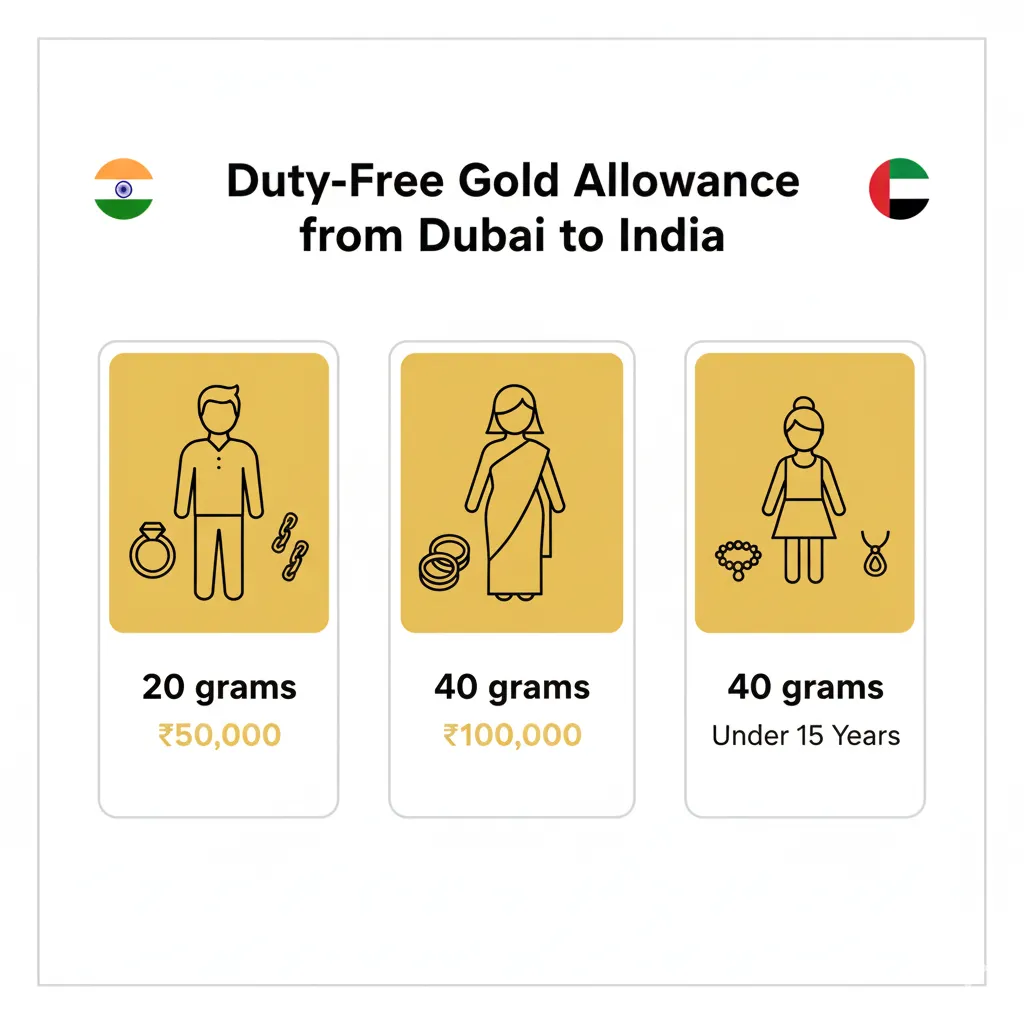 Infographic showing duty-free gold allowance limits for Indian passengers travelling from Dubai: 20 grams for men, 40 grams for women and children