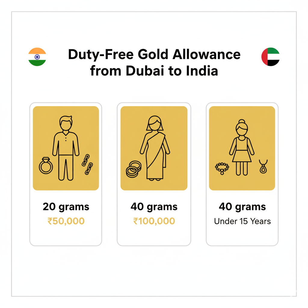 Infographic showing duty-free gold allowance limits for Indian passengers travelling from Dubai: 20 grams for men, 40 grams for women and children